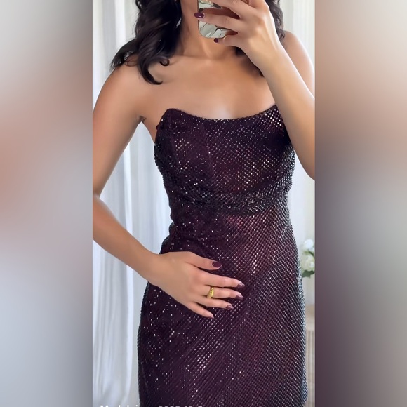 Zara NWT Burgundy/Wine Color Sequin Sparkly Strapless Mini Party Dress (Size XS) - Picture 4 of 12